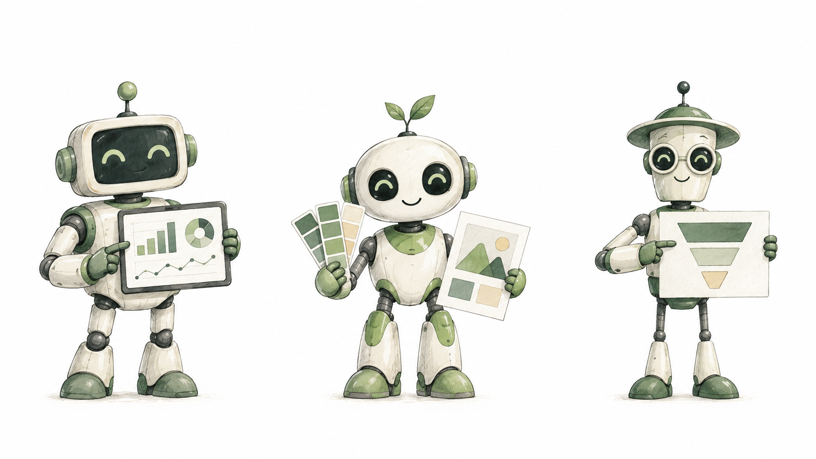 Three watercolor robots: an advertising analyst, a brand designer, and a funnel expert